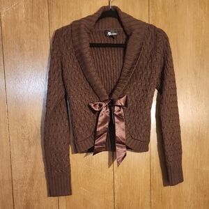 AB Studio Chocolate Brown Knit Cardigan with Satin Bow